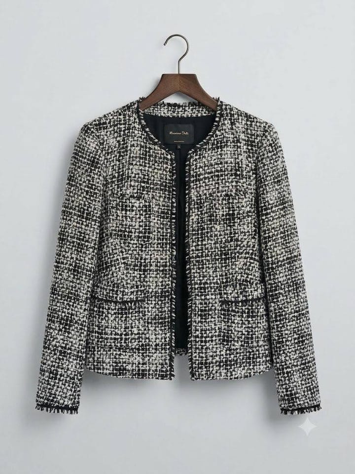 Black and white tweed cropped jacket on a hanger