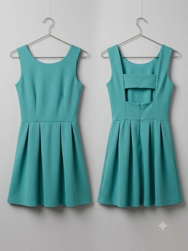 Teal fit-and-flare mini dress with a cutout back, front and back view