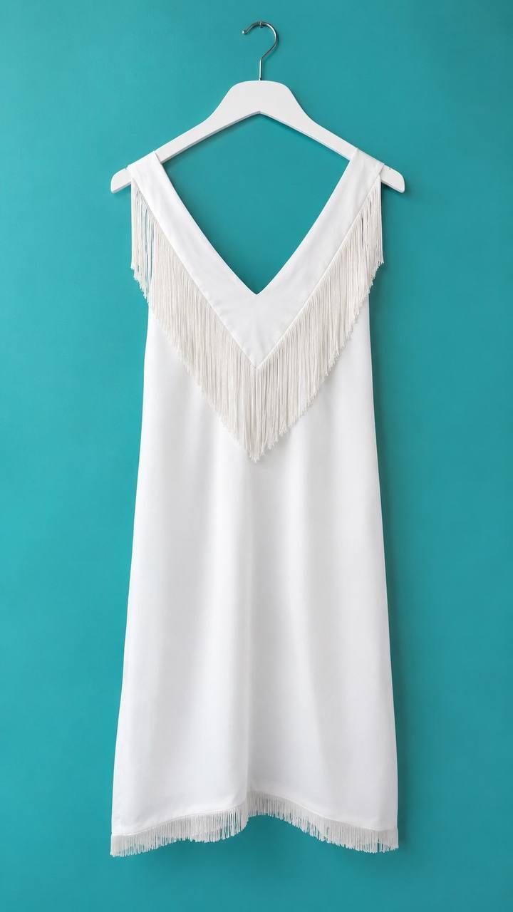 White sleeveless dress with fringe trim on a hanger